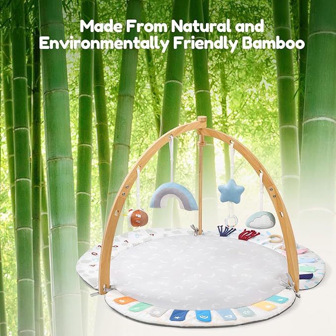 EXIN DECHEN Baby Play Gym & Activity Mat,Natural Organic Bamboo Frame with 4 Detachable Sensory Toys,Tummy Time Mat,Play Mat for Babies 0-6 Months,Newborn Play Mat,Baby Essentials Gifts