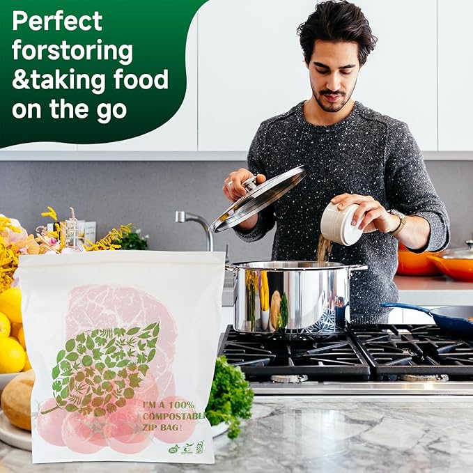 Compostable Gallon Size Food Storage Bags Freezer and Leak Proof, (25 Eco Zip) Seal well for Fruit,Food and Vegetable Plant-Based BPA-free (50)