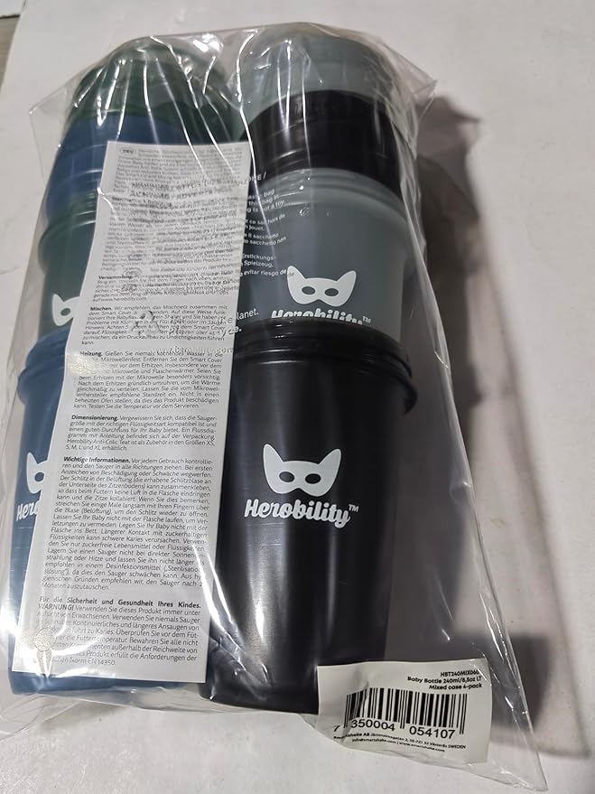 Herobility Double Anti-Colic Baby Bottles – 8.5 fl oz/240ml – 4-Pack – Multicolor – Denim, Black, Dusky Green, Gray