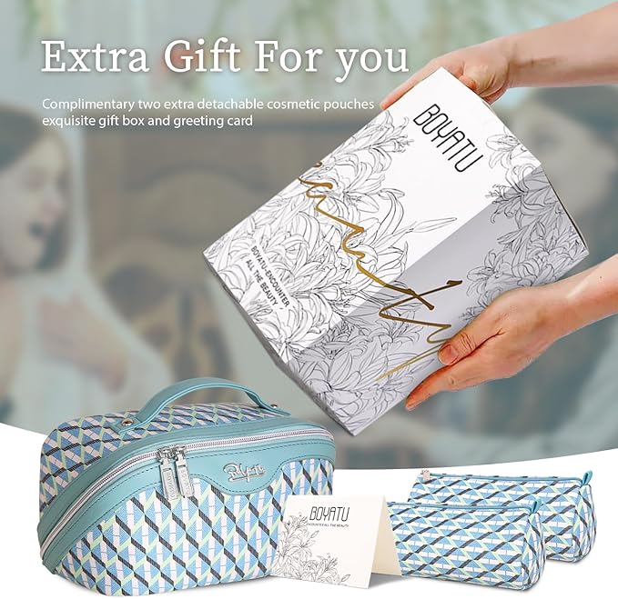 BOYATU Travel Makeup Bags for Women: Large Capacity Cosmetic Bag Set of 3 - Vegan Leather Make up Bags with Compartments - Wide Open Waterproof Toiletry Organizer Bag with Handle (B-02-Blue)