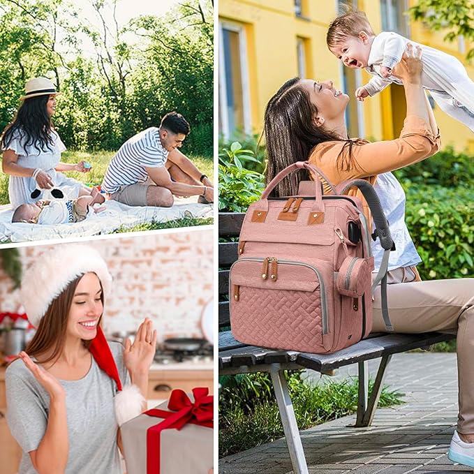 Diaper Bag Backpack with Changing Station, Large Diaper Bag For Boys And Girls, Multifunctional Waterproof Travel Diaper Backpack, Baby Bag with USB Charging Port for Moms Dads,pink