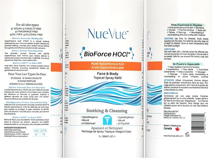 BioForce HOCl Pure Hypochlorous Acid Spray Refill for Face & Body (33 Oz) - Acne-Prone Skin & Eczema, Piercing aftercare, Made in Canada, Gentle Skin Cleanser & Toner, pH Balanced, Non-comedogenic