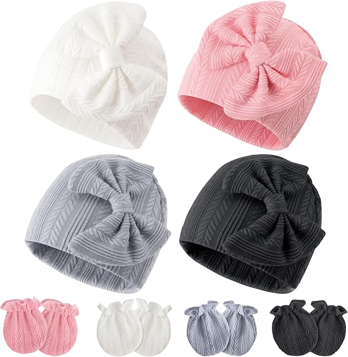 Newborn Baby Hats and Mittens Set Infant Bow Beanie Cap Toddler Gloves Newborn Hospital Hats for Baby Boy Girl 0-6 Months