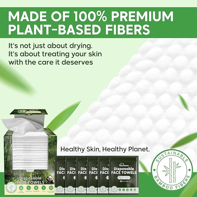 XL Disposable Face Towels - 75 Ct. + 6 Travel Face Wipes - 10"x12" Dry, Super Soft & Absorbent Facial Cleansing Wash Cloths & Clean Towelettes - 100% Biodegradable Bamboo Washcloths & Makeup Remover
