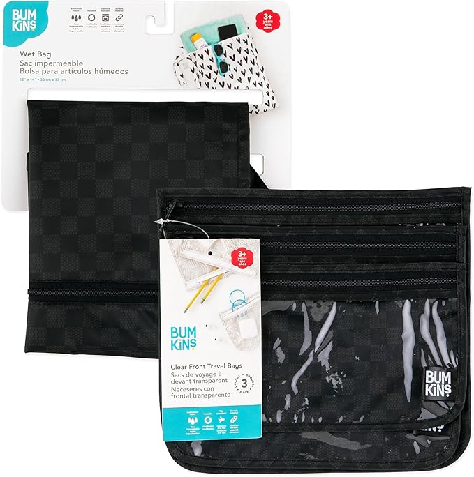 Bumkins - Waterproof Wet Bag & Clear Travel Bags - For Beach, Baby, Travel, Swim Suit, Cloth Diapers, Pump Parts, Pool, Gym, Toiletries - Reusable & Easy to Clean - Black Check - 4 Pack