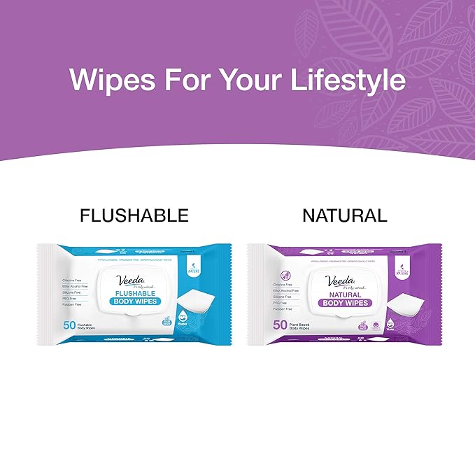 Veeda Natural Cotton Body Wipes for Adults - 50 Count, Hypoallergenic & pH Balanced Wet Wipe - Unscented Personal Cleansing Wipe Safe for Sensitive Skin, Plant based Soft Wipes
