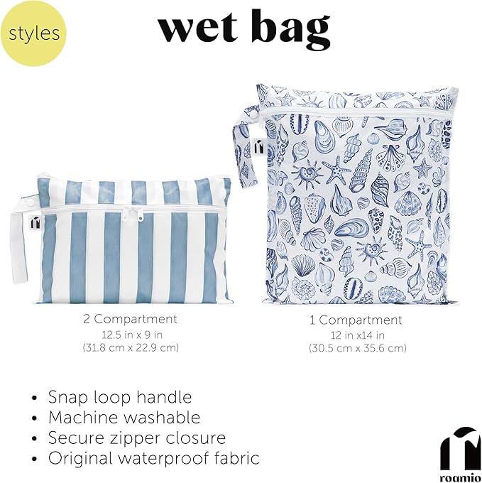 Bumkins Roamio Waterproof Wet Bag & Wet/Dry Clutch Set, Reusable Travel Organizers for Swim, Beach, Gym, Baby Gear, Cloth Diapers, Pump Parts, Pool, Toiletries, Machine Washable, Faux Denim 2-Pack