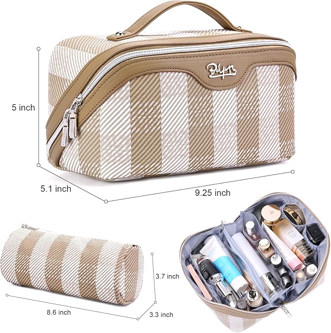 BOYATU Travel Makeup Bag Organizer Cosmetic Bag: 3 Pcs Set Make up Bags for Women with Handle - Waterproof Vegan Leather Toiletry Bags Travel Essentials Pouch with Compartments (F-04-Brown)