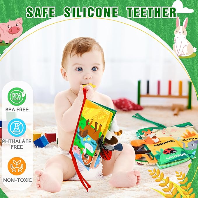 Soft Baby Book - Baby Toy - Newborn Boys Girls Shower Gift - Tummy Time Toy for Infant 0-6 6-12 Months - Touch and Feel Sensory Crinkle Book with Teether for Toddler