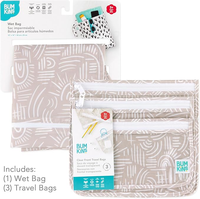 Bumkins - Waterproof Wet Bag & Clear Travel Bags - For Beach, Baby, Travel, Swim Suit, Cloth Diapers, Pump Parts, Pool, Gym, Toiletries - Reusable & Easy to Clean - Boho Beige - 4 Pack