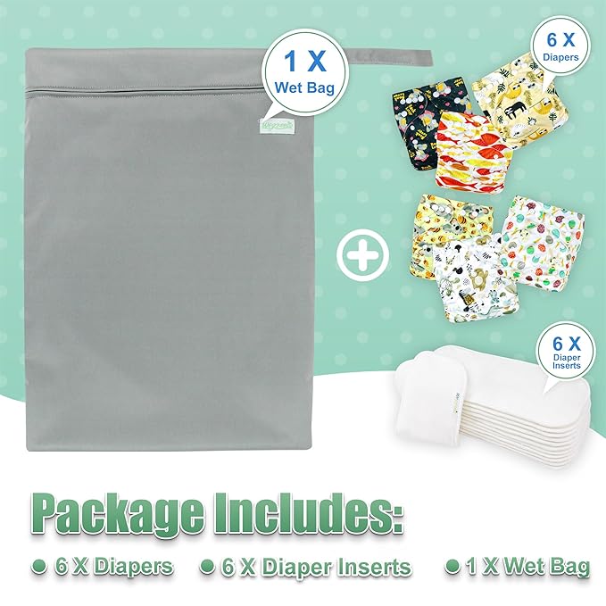wegreeco Cloth Diapers 6 Pack with 6 Inserts & 1 Wet Bag, Washable Cloth Diapers for Babies, One Size Adjustable Reusable (Animal World)