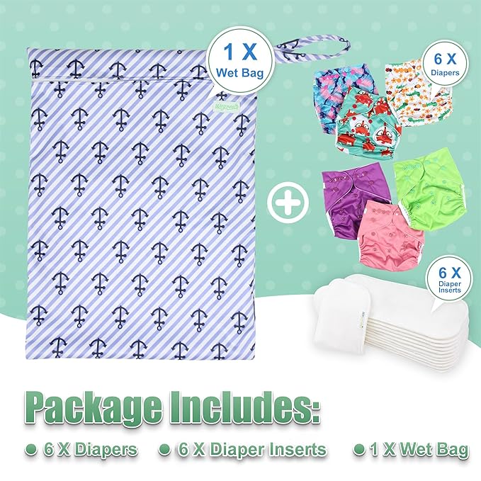 wegreeco Cloth Diapers 6 Pack with 6 Inserts, Washable Cloth Diapers for Babies, One Size Adjustable Reusable (Girl Prints + 1 Wet Bag)