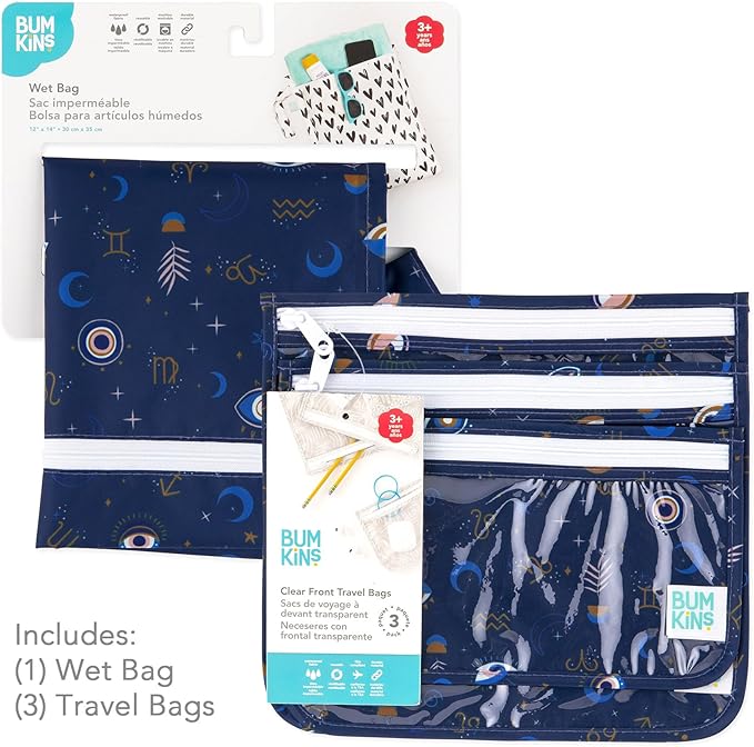 Bumkins - Waterproof Wet Bag & Clear Travel Bags - For Beach, Baby, Travel, Swim Suit, Cloth Diapers, Pump Parts, Pool, Gym, Toiletries - Reusable & Easy to Clean - Evil Eye - 4 Pack