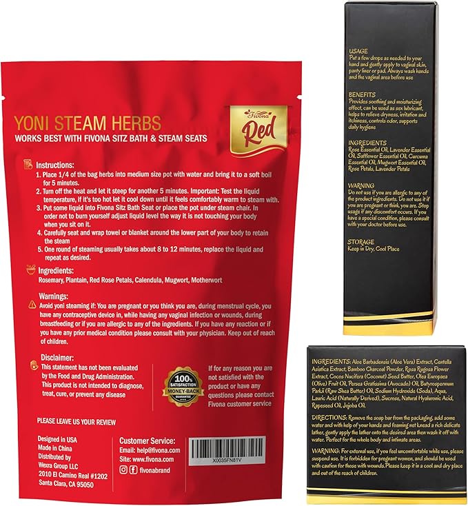 Fivona 4-in-1 Feminine Care Kit, Yoni Oil, Yoni Soap, Yoni Steaming Pot and Red Premium V Steam Herbs, Complete Herbal V Care Set