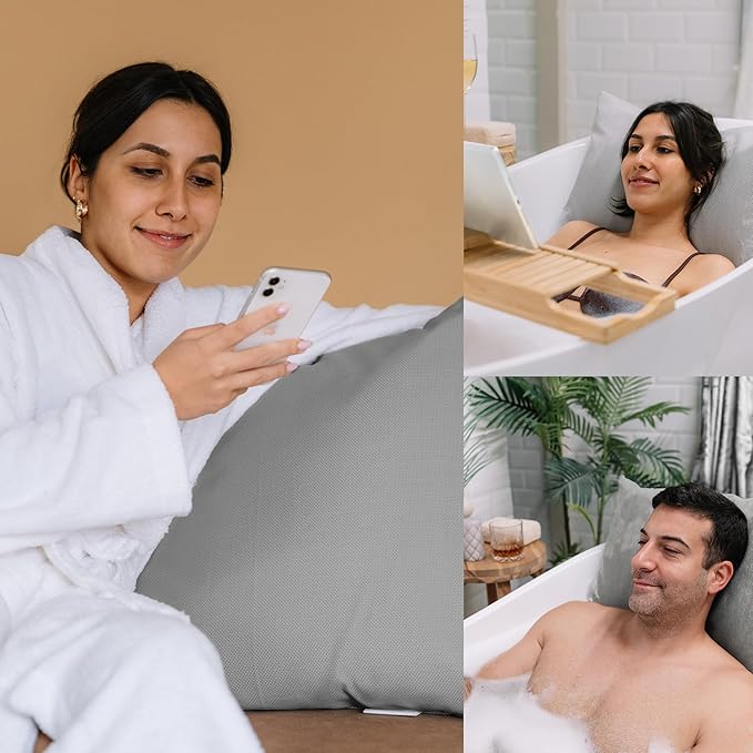 Luxury Bath Pillow for Tub - Thick and Comfortable Bathtub Pillow Support for Head and Neck and Back - Washable Quick-Drying Bath Pillows - Bath Cushion for Home Spa - Fits Any Bathtub - Light Gray