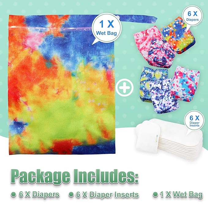 wegreeco Cloth Diapers 6 Pack with 6 Inserts & 1 Wet Bag, Washable Cloth Diapers for Babies, One Size Adjustable Reusable (Tie-dye)