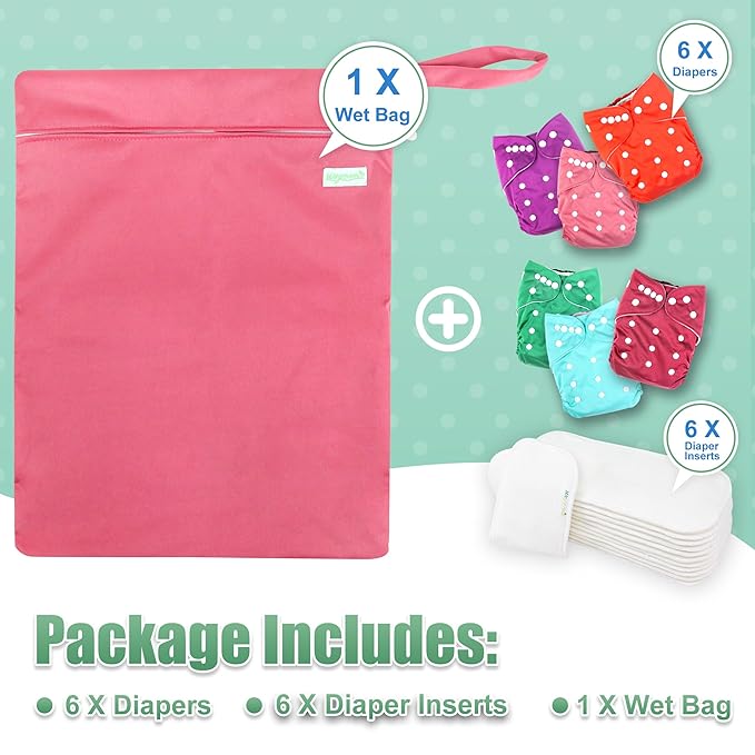wegreeco Cloth Diapers 6 Pack with 6 Inserts & 1 Wet Bag, Washable Cloth Diapers for Babies, One Size Adjustable Reusable (Girl Prints 02)
