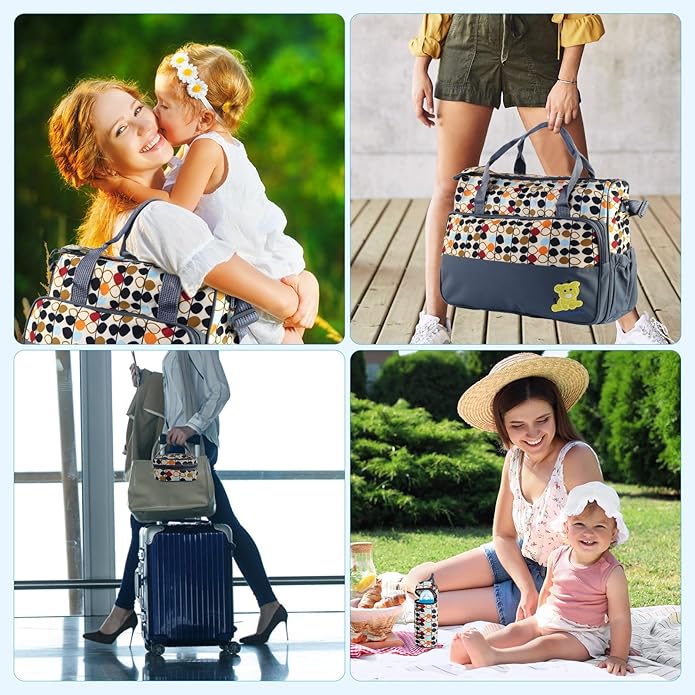 5PCS Diaper Bag Totes Set, Large Diaper Tote, Waterproof Maternity Bags, Cute Baby Diaper Organizer with Bottle & Food Bag