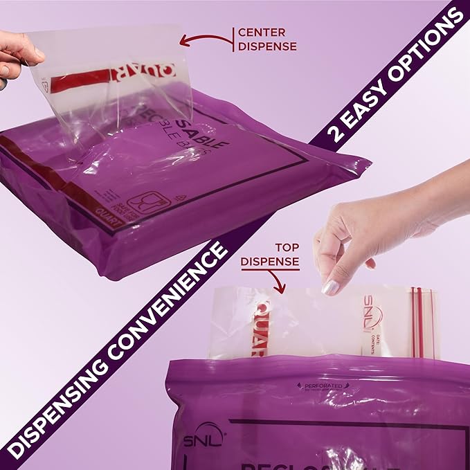 Quart Food Bags by SNL -100 Bags- Leak-Proof, Clear, Write-On Block, Reclosable, Disposable Storage Bags, Double Seal Zippers with Clicking Noise Zip Confirmation, Stand-Alone Gusset, Easy Dispensing