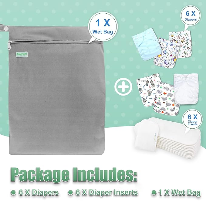 wegreeco Cloth Diapers 6 Pack with 6 Inserts & 1 Wet Bag, Washable Cloth Diapers for Babies, One Size Adjustable Reusable (Fantastic World)