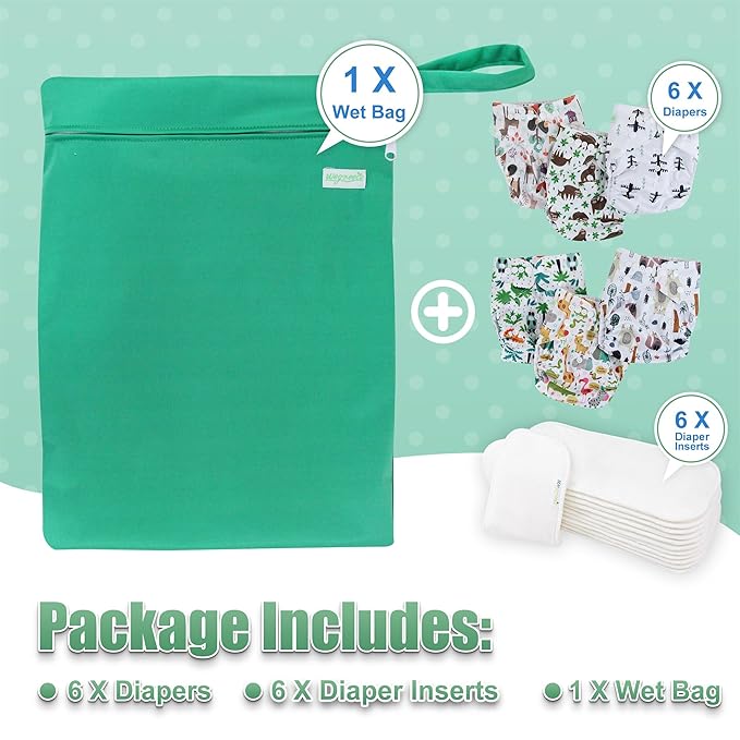 wegreeco Cloth Diapers 6 Pack with 6 Inserts & 1 Wet Bag, Washable Cloth Diapers for Babies, One Size Adjustable Reusable (Forest, Animals)