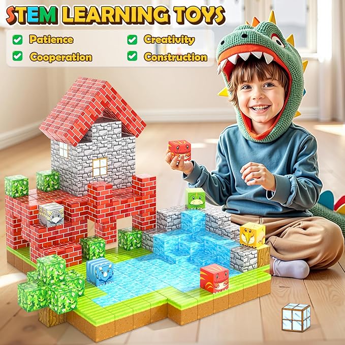 100PCS Magnetic Blocks - Build Mine Magnet World Forest Dinosaur Edition, Sensory STEM Construction Building Toys Kids Games for Toddler Christmas Birthday Gifts for 3 4 5 6 7 8 Years Old Girls & Boys