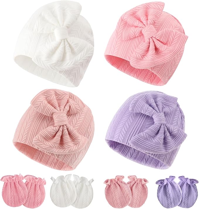 Newborn Baby Hats and Mittens Set Infant Bow Beanie Cap Toddler Gloves Newborn Hospital Hats for Baby Boy Girl 0-6 Months