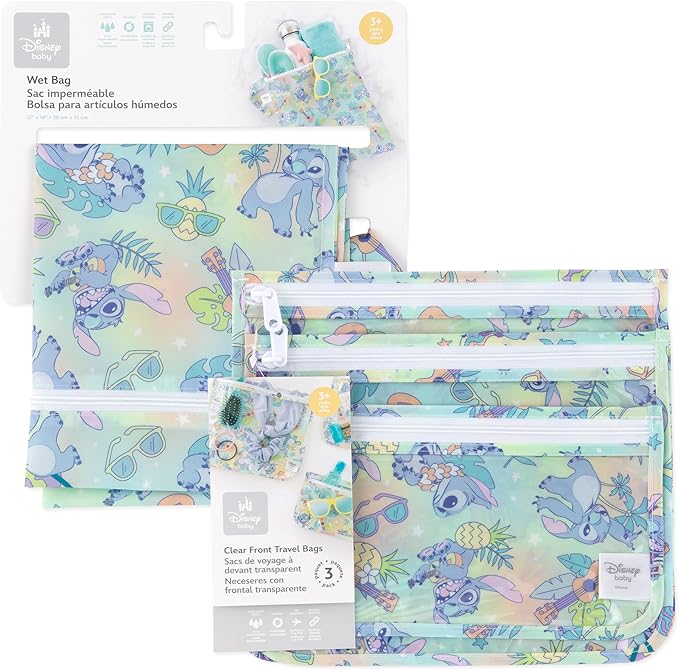 Bumkins - Waterproof Wet Bag & Clear Travel Bags - For Beach, Baby, Travel, Swim Suit, Cloth Diapers, Pump Parts, Pool, Gym, Toiletries - Reusable & Easy to Clean - Disney Stitch - 4 Pack