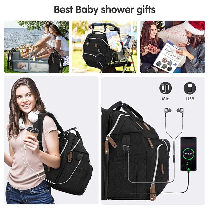 DERJUNSTAR Diaper Bag Backpack, Large Baby Bag with Changing Pad, Thick Padded Back & Straps, Laptop Compartment, Waterproof Travel Backpack with USB Port, Multi-Function for Mom & Dad, Black