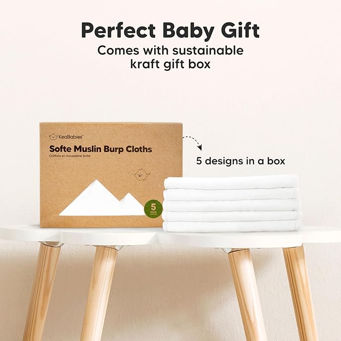 5-Pack Muslin Burp Cloths Baby Boy, Girl - Very Absorbent Baby Burp Cloth Rags, 8-Layers Viscose Derived from Bamboo Cotton Muslin Towel, Super Soft Spit Up Rags, No Shrink Washcloths (Soft White)