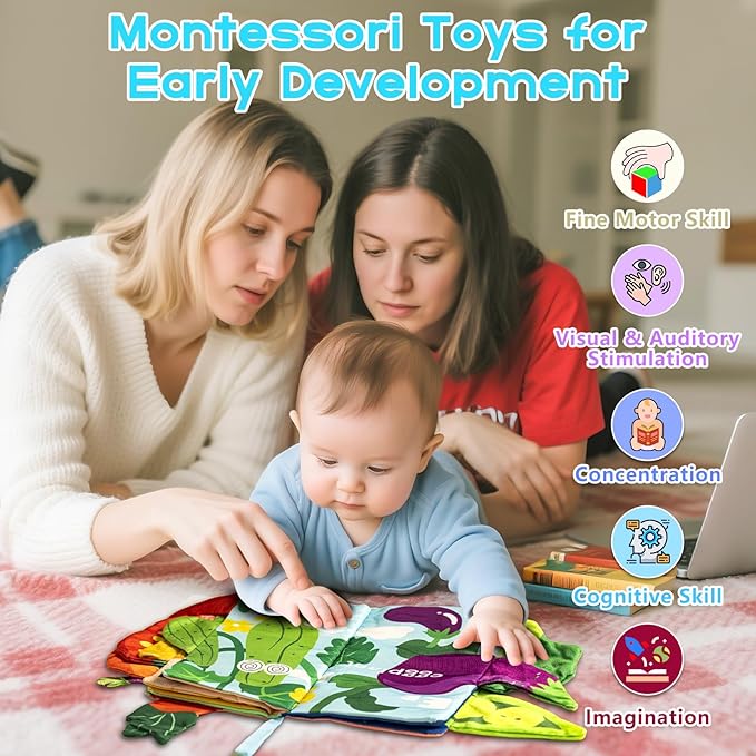 Soft Book Toys for Babies 0-18 Months, 2PCS Crinkle Cloth Books – Fruit and Vegetable Themes, Tails Sensory Book with Rings for Hang, Montessori Early Learning Infant Toy for 0-6-12-18 Month