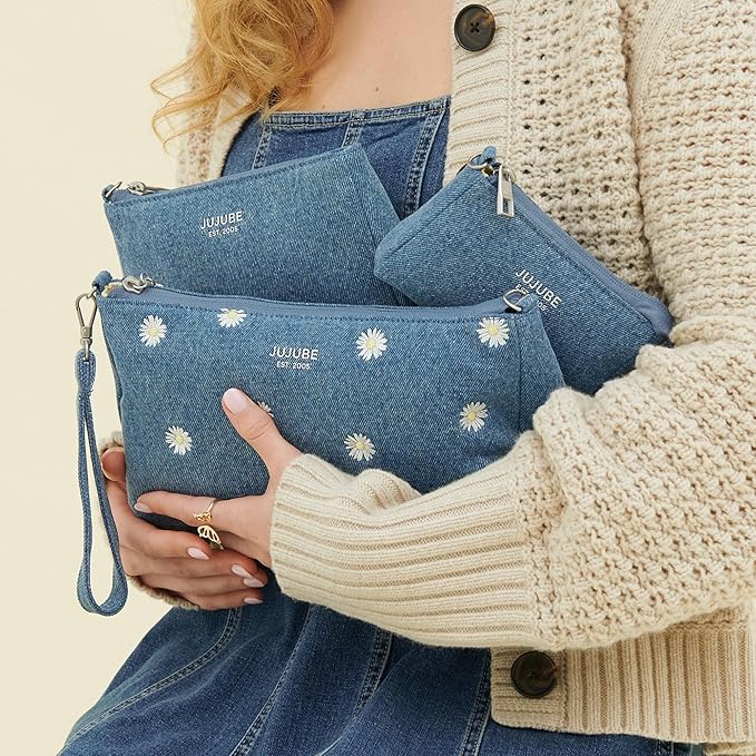 JuJuBe 3-Piece Pouch Set Diaper Bag Organizing Pouches, Perfect for Travel, On The Go, Zipper Cosmetic Makeup Bag or Diaper and Wipes Storage Pouch, Large, Medium, & Small, Denim & Daisies (Blue)