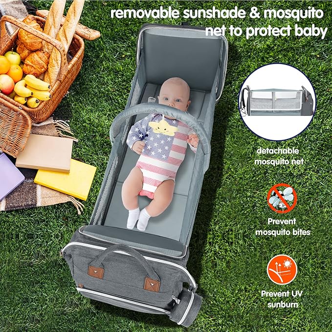 DERJUNSTAR Diaper Bag Backpack – Large Capacity Baby Diaper Bag with Changing Pad, Waterproof Travel Backpack for Boys & Girls, Multi-Function Baby Bag with USB Charging Port, Grey