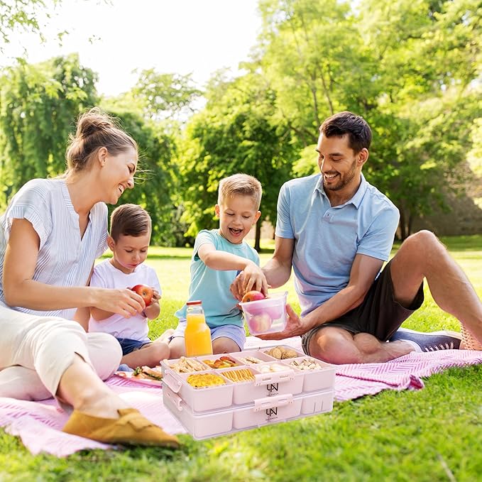 Stackable Snackle Box Container with 2 Lids, 14 Compartments - BPA-Free Snackle box Organizer, Dishwasher & Microwave Safe Reusable Snacklebox for Veggies, Fruits, Charcuterie, Snacks (Pink, 2 Pack)