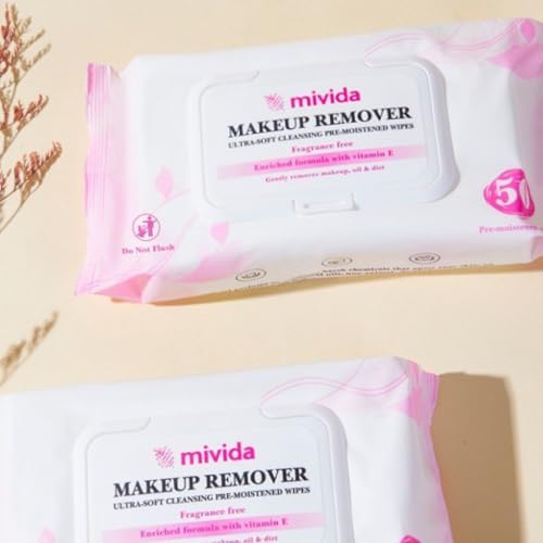 Mivida Hypoallergenic Makeup Remover Wipes | Daily Cleansing Facial Towelettes with Vitamin E For Sensitive Skin | 50 Count Fragrance-Free, Alcohol-Free Face Wipes