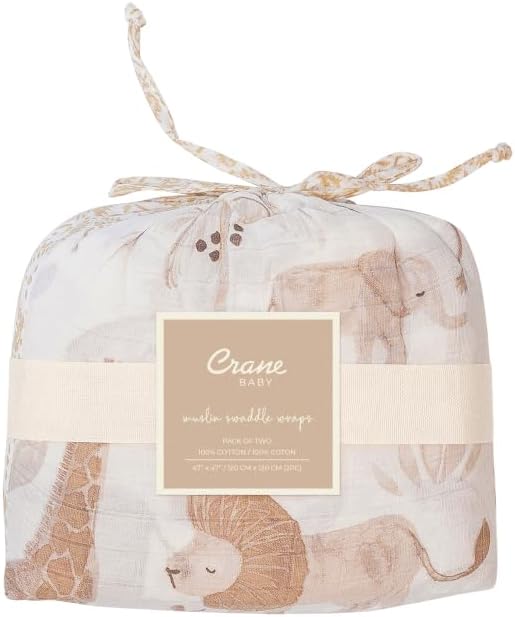 Crane Baby 100% Cotton Muslin Swaddle Blankets, Kendi Safari Animal, Set of 2, 47" x 47", Swaddles for Newborns, Baby Muslin Swaddle Blanket, For Boys & Girls