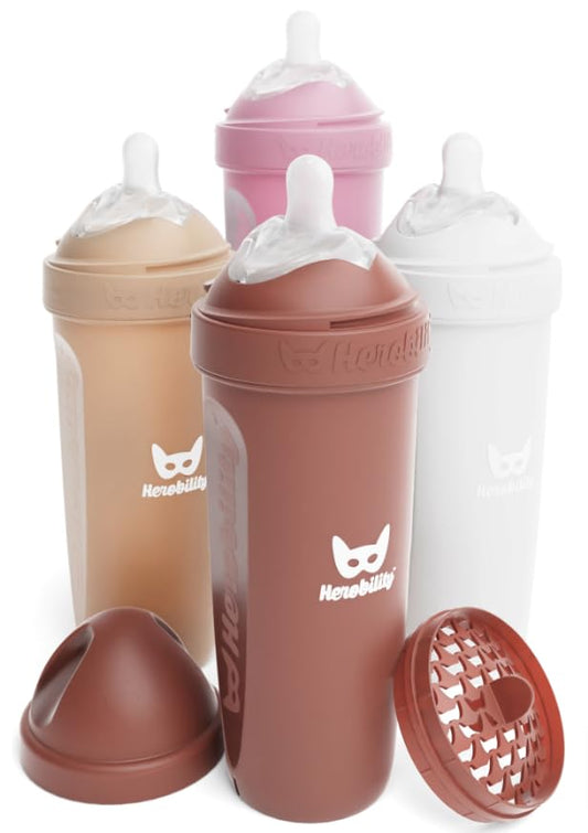 Herobility Double Anti-Colic Baby Bottles – 12 fl oz/340ml – 4-Pack – Multicolor – Sand, Woodchuck, Pink, White