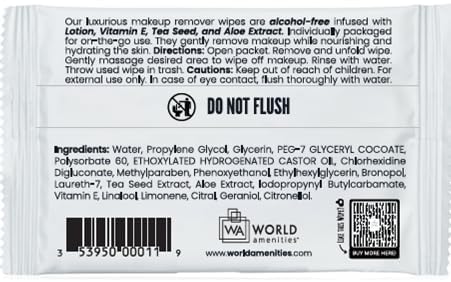 World Amenities - Bulk Makeup Remover Wipes | 500 Count| Individually Wrapped, Gentle Cleansing, Alcohol Free - All Skin Types - Vitamin E - 100% Recyclable, Hotel Travel Size Toiletries