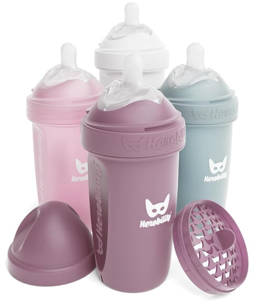 Herobility Double Anti-Colic Baby Bottles – 8.5 fl oz/240ml – 4-Pack – Multicolor – White, Gray, Pink, Hawthorn Rose
