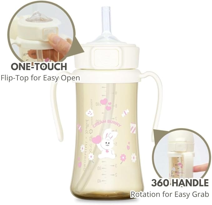 GROSMIMI x KNOTTED Flip Top Spill Proof Sippy Cup, PPSU, BPA Free, Stage 2 Straw for Toddlers (Cream bunny 10oz)