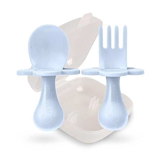 Grabease Baby Spoon & Fork Set with Case - Ergonomic Baby Utensils for Tiny Hands - Short Spoons for Self-Feeding - Training Fork for Toddlers - Ice Blue, Pack of 1