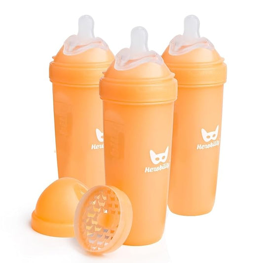 Herobility Double Anti-Colic Baby Bottles – 12 fl oz/340ml – 3-Pack – Peach