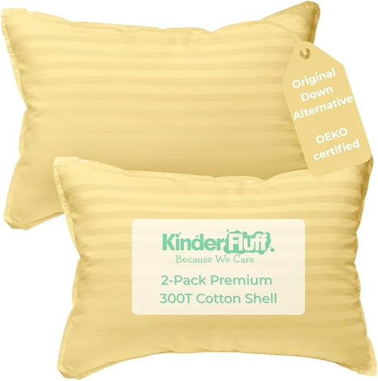 kinder Fluff Children Pillow (2-Pack) 14x20in - Junior Pillows for Kids Age 4+, 100% Cotton Sateen Stripes Shell 300T, Down Alternative Fill, Machine Washable - Children & Travel Cushion - Yellow - M