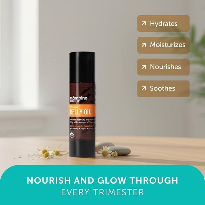 Mambino Organics Oh Baby! Belly Oil for Pregnant Women, Organic Stretch Mark Oil for Pregnancy, Postpartum Skin Elasticity, Hydration, Tamanu, Shea Butter, Calendula, Vegan, Non-GMO, 2 fl oz, 3-Pack