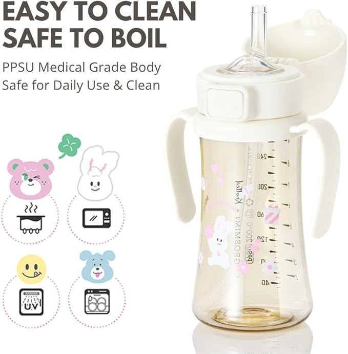 GROSMIMI x KNOTTED Flip Top Spill Proof Sippy Cup, PPSU, BPA Free, Stage 2 Straw for Toddlers (Cream bunny 10oz)