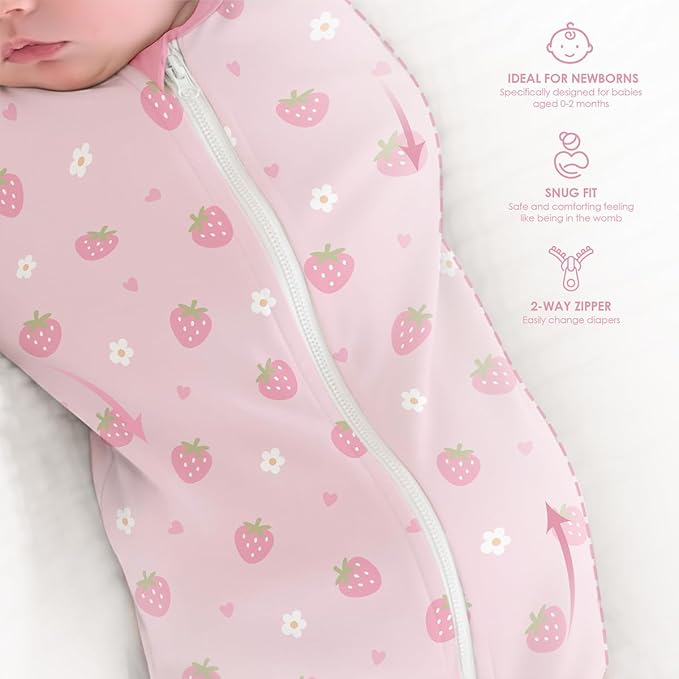 Baby Swaddle 0-2 Months, Cotton Arm-In Zipper Sleep Sack, Wearable Blankets Wrap for Newborn Infant Girls (Bow, Heart, Strawberry, Pack of 3)