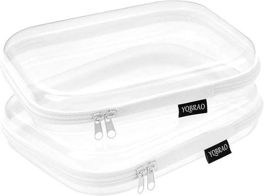 Hard Sided Clear Zipper Case for Storage- Professional-Grade Plastic Clear Zipper Pencil Case,Toy Storage Bins, Toiletry Pouch, Travel Organizer, Cosmetic Bag（White,2 Pack, M）