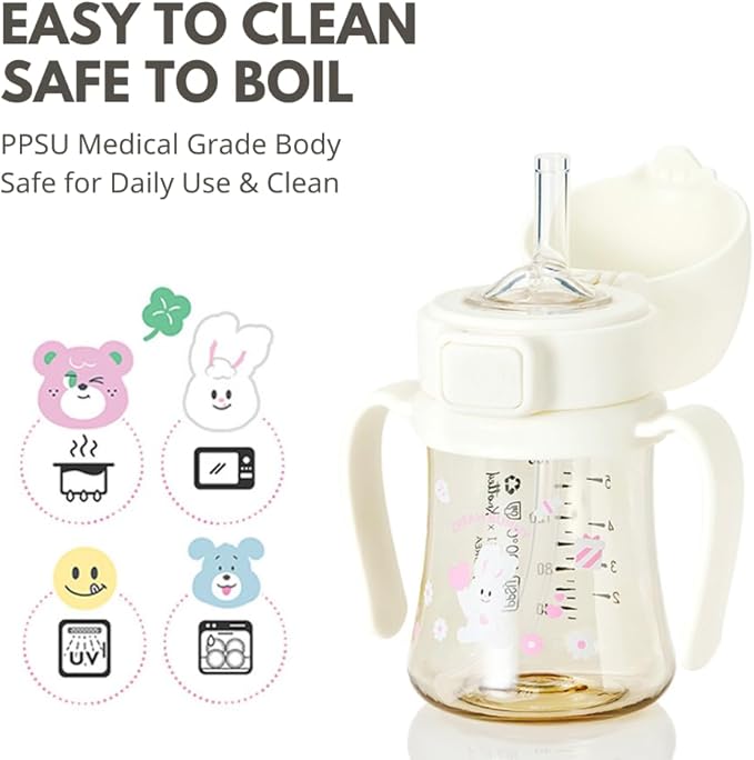 GROSMIMI x KNOTTED Flip Top Spill Proof Sippy Cup, PPSU, BPA Free, Stage 2 Straw for Toddlers (Cream bunny 6oz)