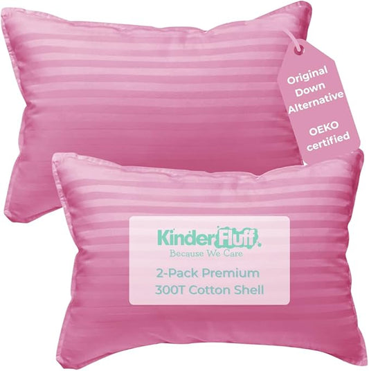 kinder Fluff Children Pillows (2X) 16x24in- The Only Twin Pillows for Kids 300T Cotton Shell & Down Alternative Fill - Ideal for Travel, Bedding Set & Floor Cushions- Pink- L