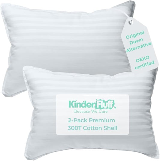 kinder Fluff Toddler Pillows (2-Pack) 13x18in- The only Pillow for Kids 300T Cotton Shell & Down Alternative Fill - Machine Washable, Ideal Cushion for Kids Above 2 Years - White- S